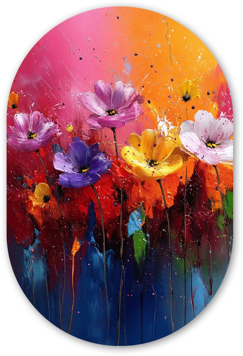 Muurovaal 60x90 cm - Ovale wanddecoratie Fantasiebloemen - Verf - Speels - Ovalen schilderij - Muurdecoratie woonkamer - Kamer decoratie - Schilderijen - Wandcirkel