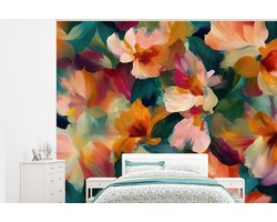 Behang - Fotobehang Harmonieus - Abstracte bloemen - Warme tinten - Breedte 375 cm x hoogte 300 cm