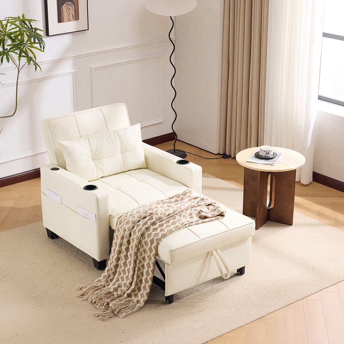 Pugsdrly Eenpersoons slaapbank 3-in-1 – Met bekerhouders en USB-poort, chaise longue, slaapfauteuil, fauteuil, perfect voor kleine ruimtes