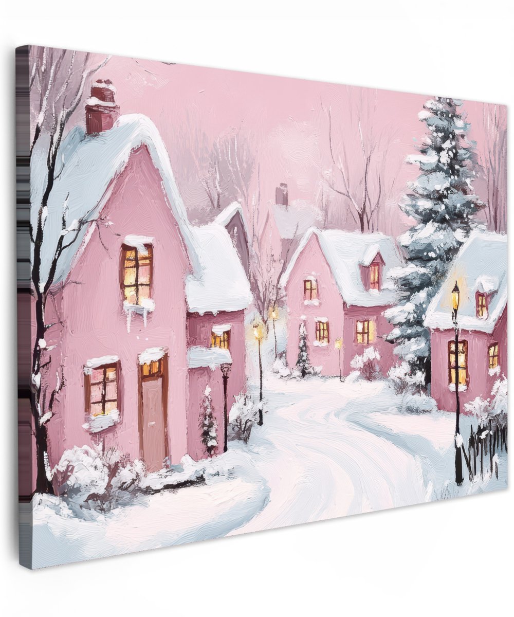 Tuinschilderij Kerstdorp in roze winterlandschap op canvas voor buiten.