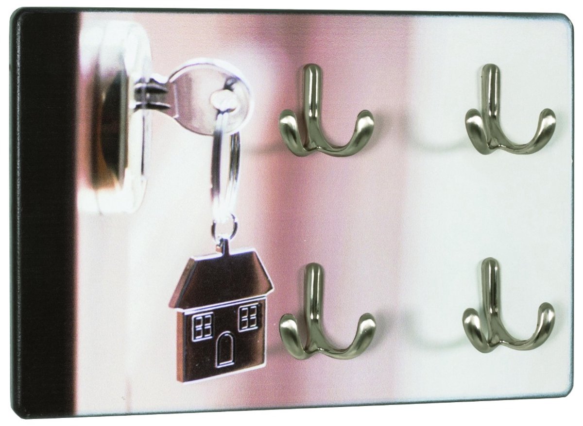 Sleutelkastje – wandkast voor sleutels – RVS-look met deurslotmotief – MDF met UV-directprint – 4 metalen sleutelhaken – 30 x 5 x 21 cm