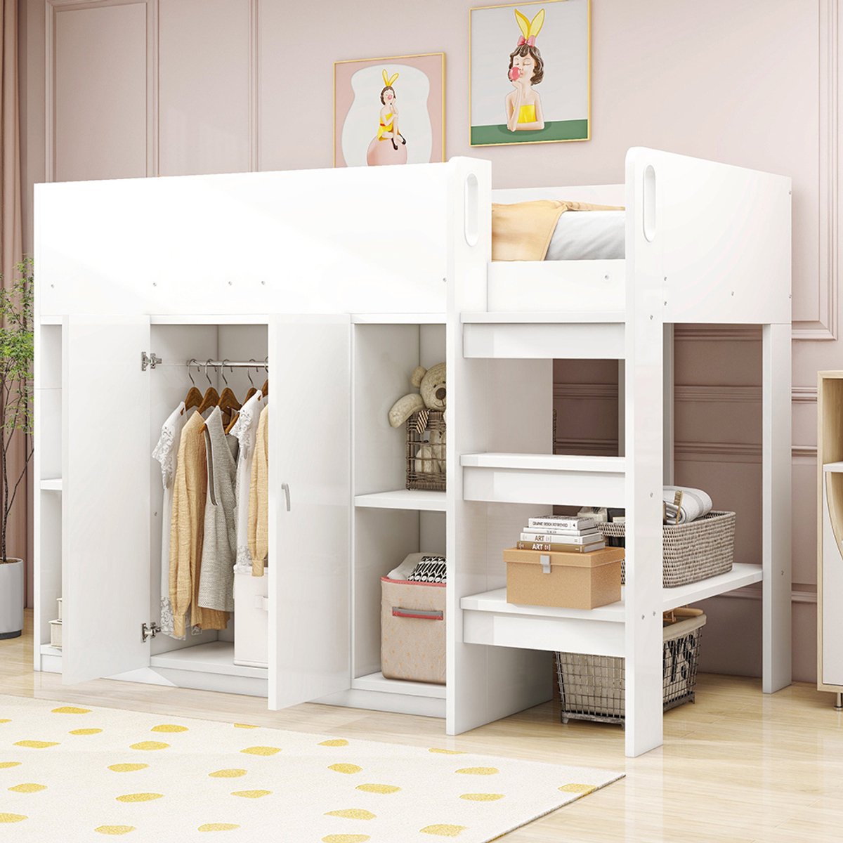 Komhtom Multifunctioneel stapelbed 90*200 met opbergruimte, kast en planken - kinderbed met ladder en stabiele constructie, wit