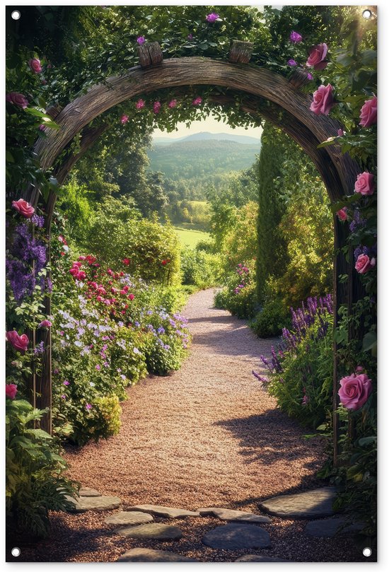 Tuinposter 80x120 cm - Tuindecoratie Doorkijk - Bloemen - Natuur - Rozenboog - Poster voor in de tuin - Buiten decoratie - Schutting tuinschilderij - Tuindoek muurdecoratie - Wanddecoratie balkondoek