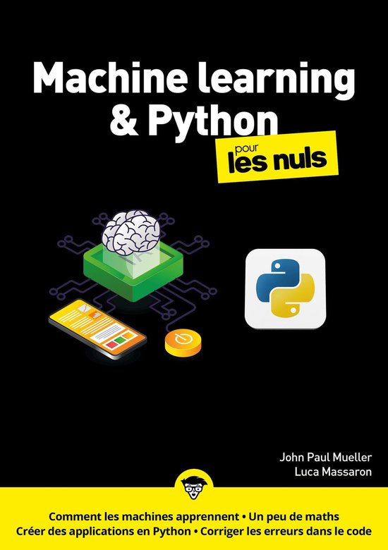 Boekomslag 'Machine learning & Python voor de dommen' met pictogrammen van een brein op een chip, een smartphone, een muntstuk en het Python-logo. Titel in wit en geel.