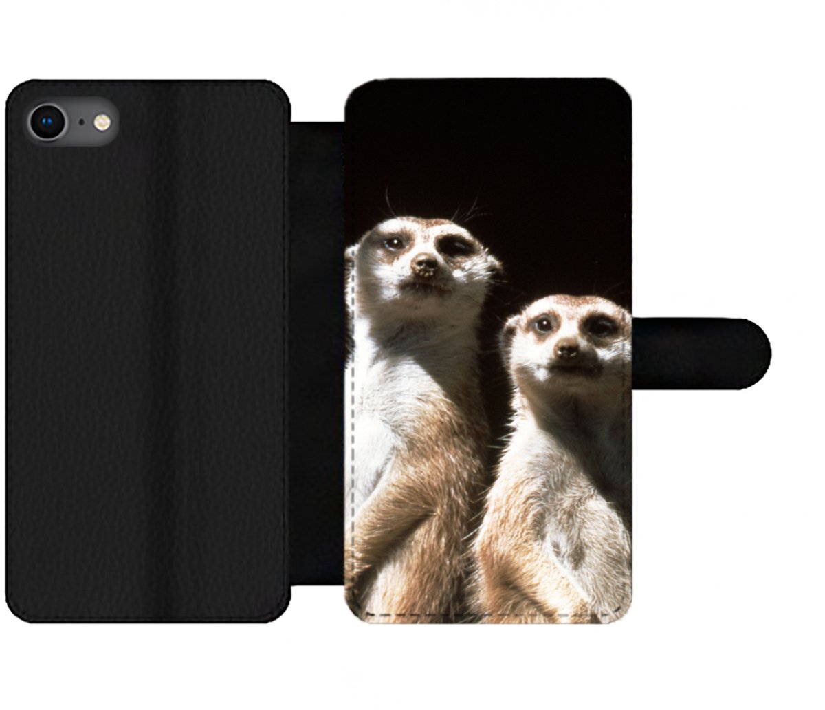 Telefoonhoesje Geschikt voor iPhone SE 2020 telefoonhoesje - Zwart - Stokstaartjes - Dieren - Met vakjes - Wallet case met magneetsluiting