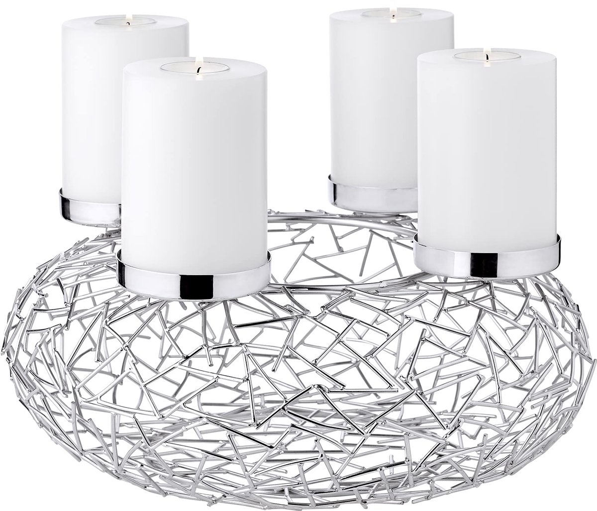 EDZARD Adventskrans Milano, takmotief, diameter 34 cm, voor kaarsen met een diameter van 8 cm, vernikkeld roestvrij staal, zilverkleurig, moderne kaarsenhouder, perfect voor Cornelius-kaarsen van Edzard