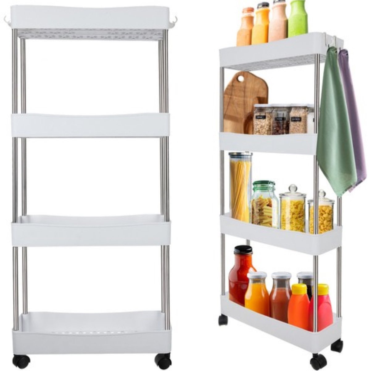 Ruhhy Keuken/badkamer trolley 4 laags - 12 x 37 x 91 cm - wit - met wielen