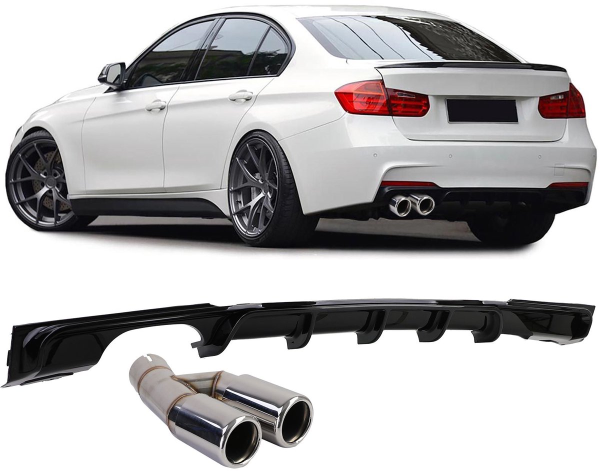 Sport Diffuser Glans Zwart + Uitlaat Sierstuk Chrome Geschikt Voor BMW 3 Serie F30 F31 316i 318i 320i M Pakket