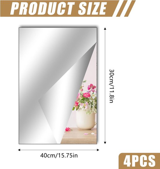 Set van 4 Zelfklevende Spiegel Stickers - 40 x 30 cm - Acrylaat Spiegel - Flexibele Spiegel Vellen voor Muur, School, Thuis, Woonkamer, Badkamer van TS24 — afbeelding 5
