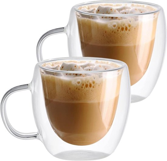 Latte Macchiato glazen 450 ml, set van 4, dubbelwandige glazen met handvat, hittebestendig en modern design, koffiekopjes, theeglazen, cappuccinobekers, drinkglazenset Latte Macchiato glazen 450 ml, set van 4, dubbelwandige glazen met handvat, hittebestendig en modern design, koffiekopjes, theeglazen, cappuccinobekers, drinkglazenset