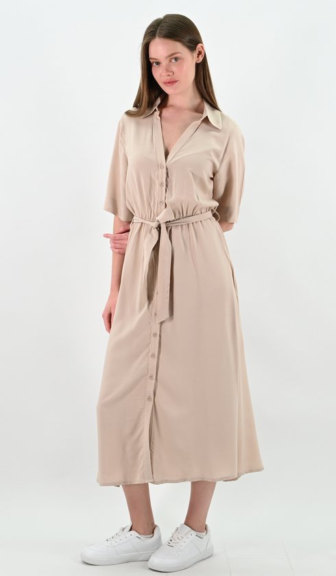 YesMooi - Beige Blousejurk met Strikceintuur - XXL (44)