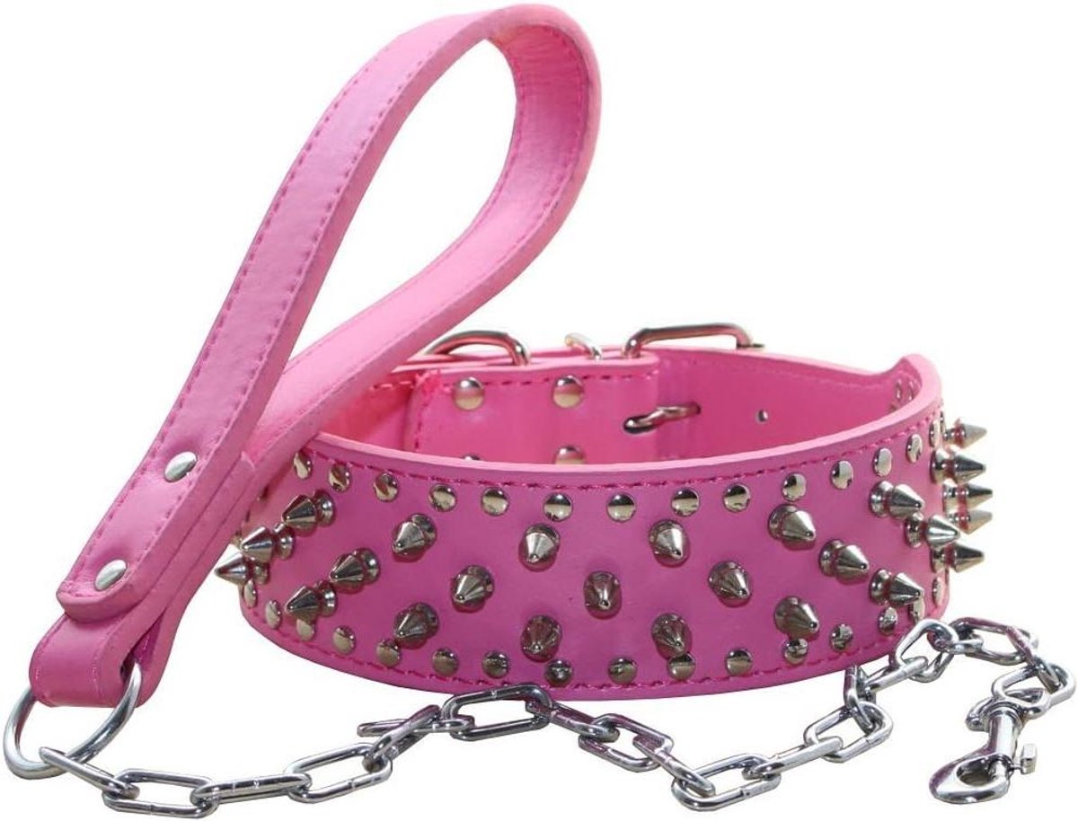 ByShane - Hondenhalsbanden met Punk Spiked Klinknagel en RVS gesp - Zacht lederen kettingriem - Heavy Duty - Passend voor Pitbull, Bulldog, Doberman - Inclusief S Hot roze