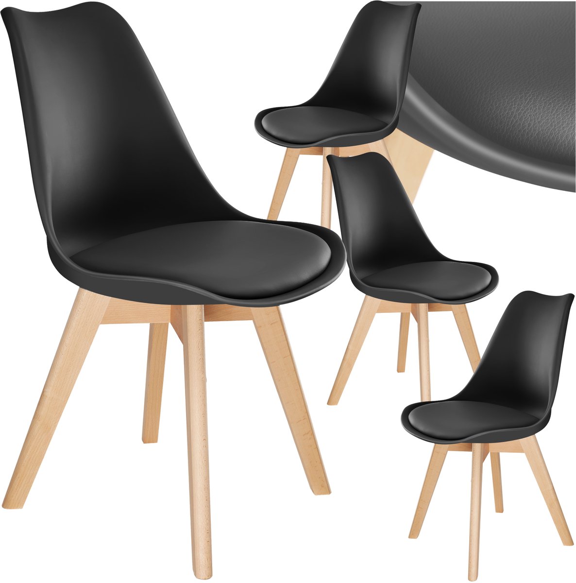 Tectake Eetkamerstoel Frederikke - Set van 4 Eetkamerstoelen met Gevoerde Stoffen Zitting - Massief Houten Poten - Ergonomische Stoelen geschikt voor Woonkamer, Eetkamer, Slaapkamer en Keuken - Draagkracht 120kg - Zwart