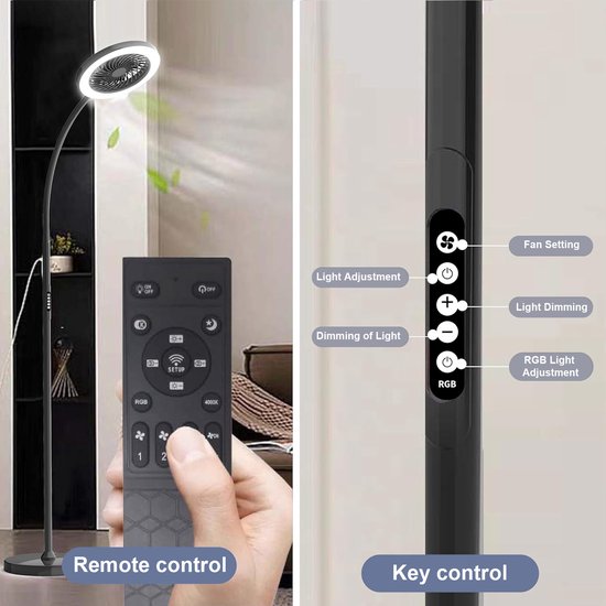 Rosnek Staande Lampen met Ventilator - 183cm Stille 2-in-1 Staande Ventilatorlamp - 1500 Lumen LED - 3 Snelheden, 12W RGB + Afstandsbediening - 360° Zwanenhalsrotatie Staande Lampen - Ideaal voor Slaapkamer/Kantoor(Zwart) van Rosnek — afbeelding 3