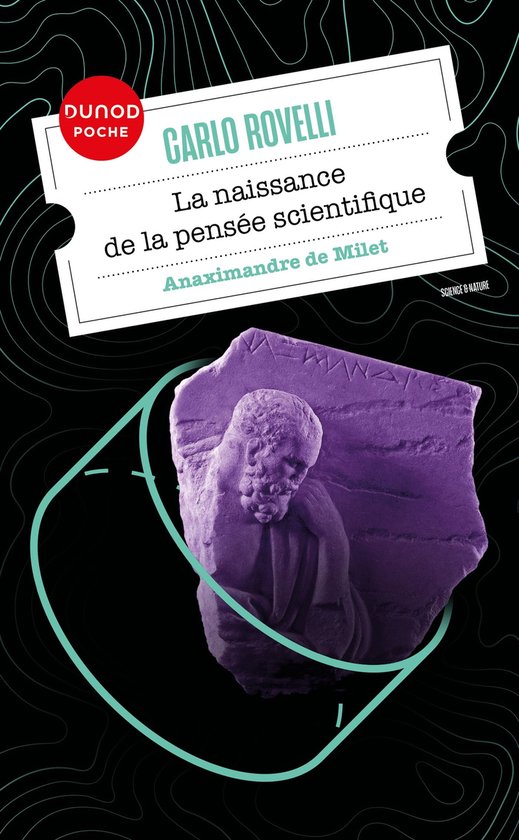 Livre 'La naissance de la pensée scientifique' de Carlo Rovelli avec une statue violette.