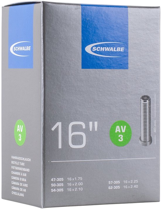 Schwalbe fietsbinnenband verpakking, 16 inch, met autoventiel AV3.