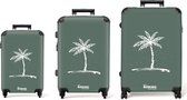 NoBoringSuitcases.com® - Ensemble de 3 valises - Valise légère - Verte avec palmier blanc - Ensemble de Bagage à main à 4 roues - Valise à roulettes de taille moyenne - Valise de soute - Valises avec serrure TSA