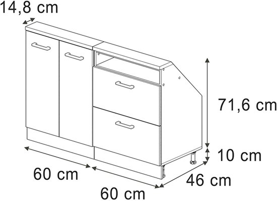 Schematische tekening van witte kast met afmetingen: 60 cm + 60 cm breed, 71,6 cm hoog, 46 cm diep.