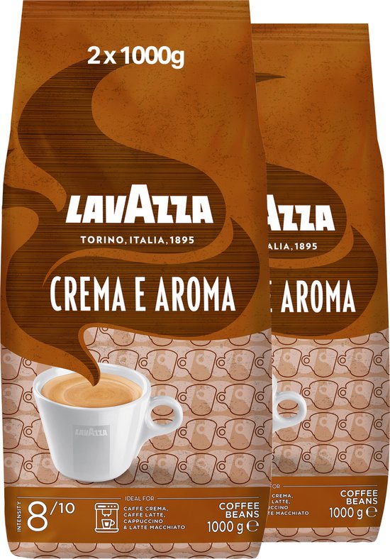 Deux paquets de grains de café Lavazza Crema e Aroma de 1000g chacun, avec une intensité de 8/10.