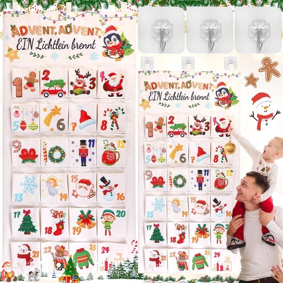 Countdown Wandkalender voor Kerst - Adventskalender voor Ophangen - Kerst Wandkalender met 24 Stoffen Compartimenten - Stoffen Wandkalender voor Cadeaus - Inclusief 3 haken (50 x 100cm)