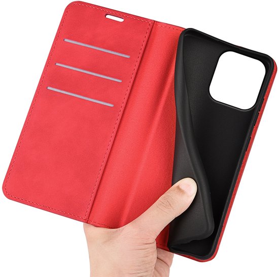 Rood telefoonhoesje met uitneembare TPU-binnenschaal, open.
