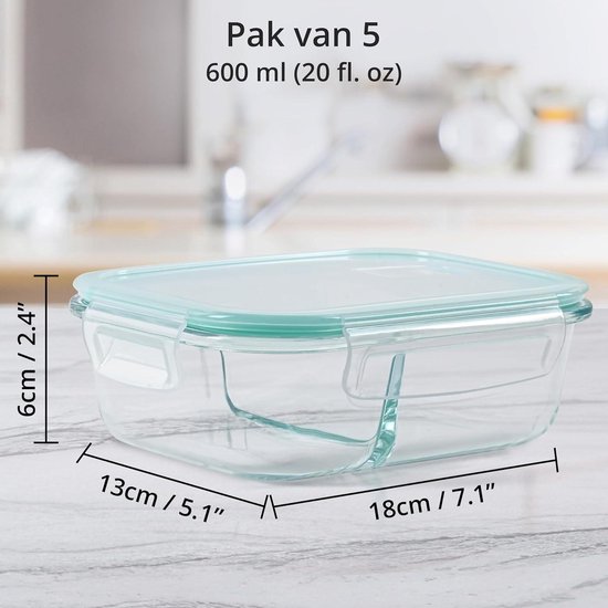VERONES Set van 10 glazen maaltijdbereidingscontainers met 2 compartimenten, 30 oz luchtdichte glazen lunchcontainers, glazen voedselopslagcontainers met deksels, voor magnetron, oven, vriezer en