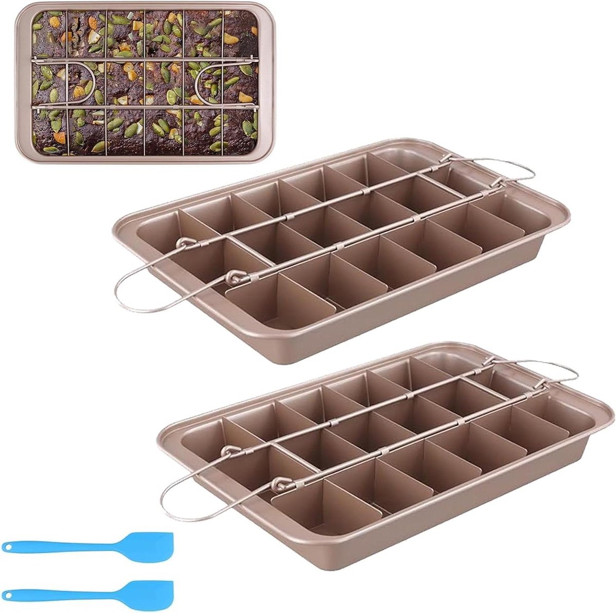 Allecto Plus - 2-delige bakvorm set voor brownies 18-rooster traybake anti-aanbaklaag bakpan 305 x 205 cm - koolstofstaal - ovenbestendig - inclusief 2 siliconen schrapers