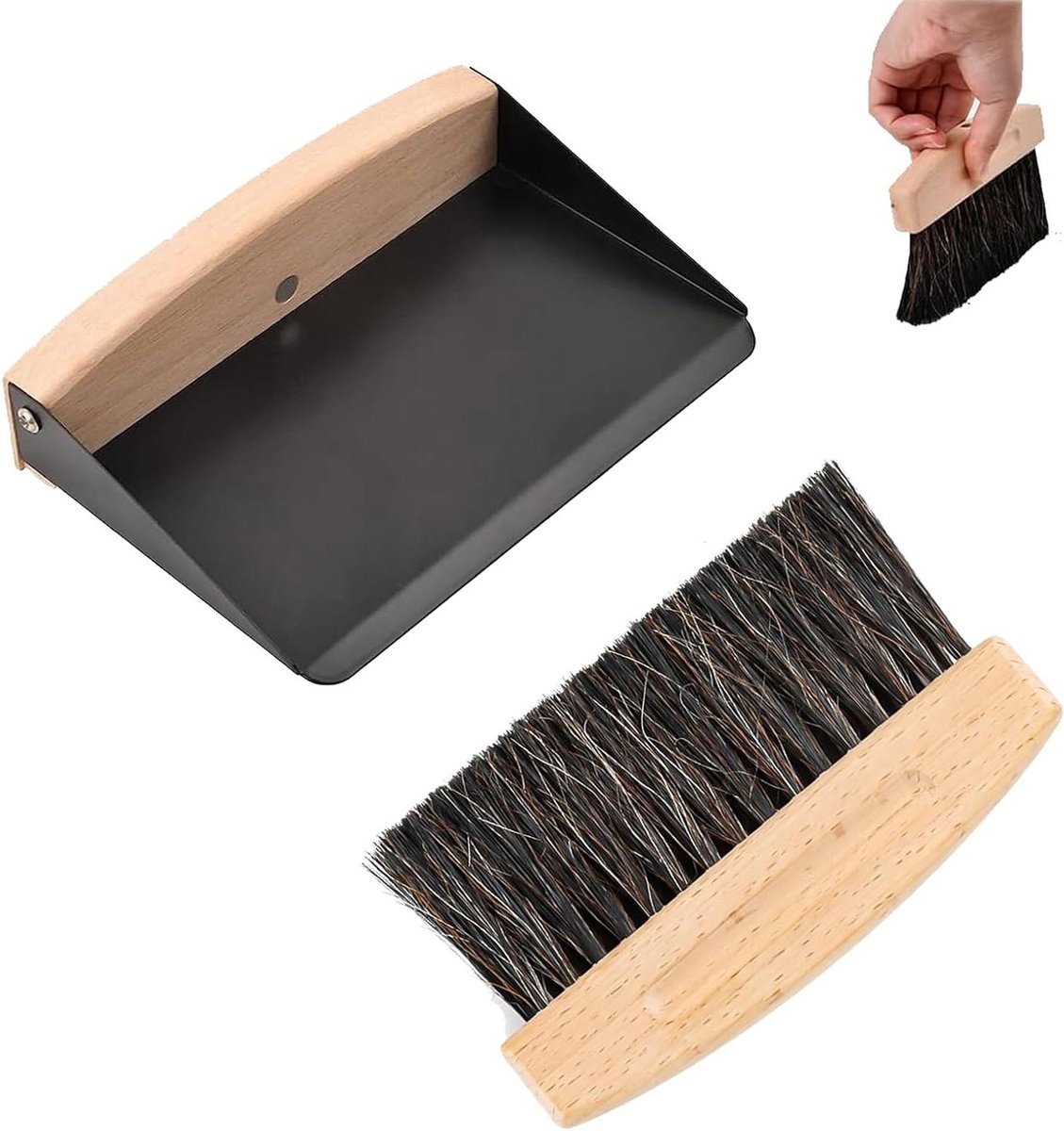 Allecto Plus - Tafelbezem en Tafelborstel Set van metaal en hout voor keuken en woonkamer - Zwart
