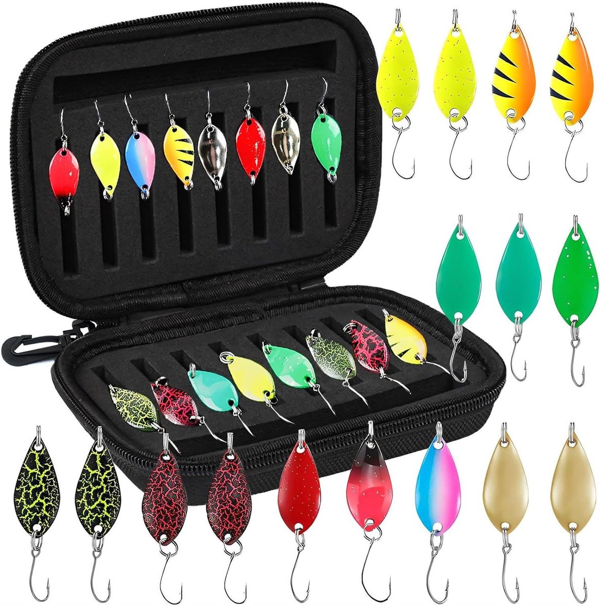 Inovra Plus - Forellepelset voor forel vissen - 16-delige set met kunstaas en hengelaccessoires - Spinner en knipperlicht - Opbergdoos inclusief - Geschikt voor baars, snoek en snoekbaars - Verschillende gewichten - Forelaaslepels