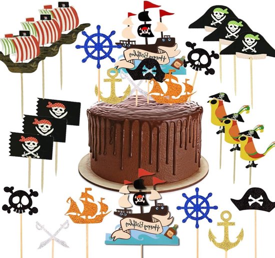 Foto: Piratentaartdecoratie 31 stuks voor piratenfeest verjaardagstaart piratenthema piratenschip verjaardagsfeestje taartdecoratie piratenfeestje jongensverjaardag