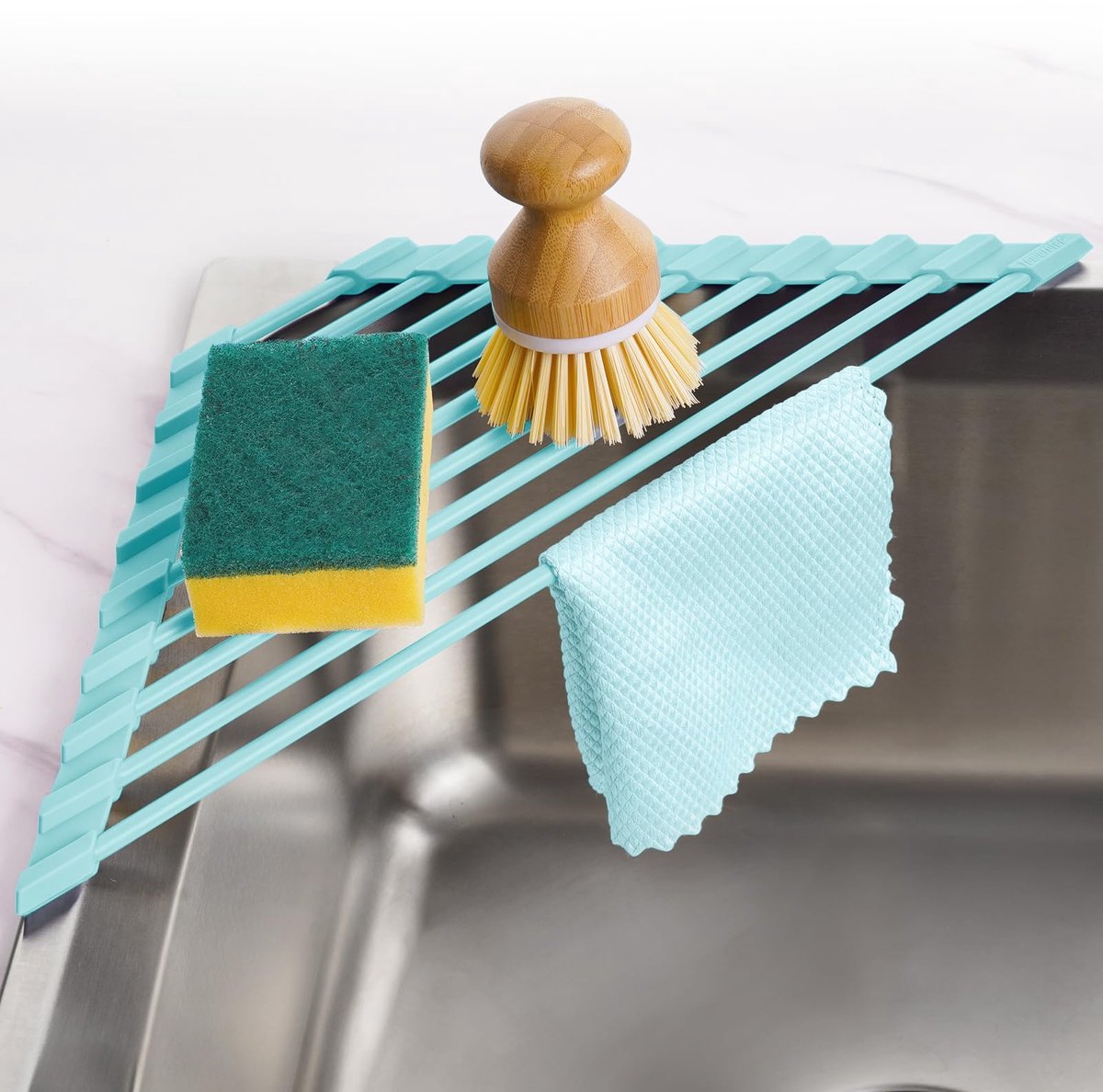 Ibenzoa® Kompakt en Opvouwbaar Driehoekig Afwasrek voor Hoek van Wastafel met Silicone Coating in Mintgroen