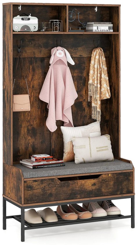 Schoenenkast met bank, 2 schoenenplanken en kapstok - 120 x 40 x 190 cm - Spaanplaat - Zwart