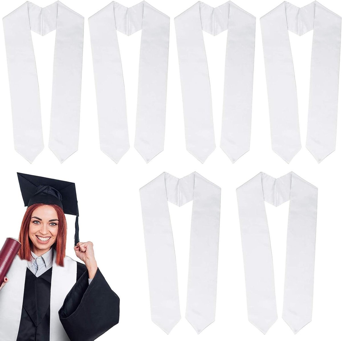 Allecto Plus - 6 stuks witte uniseks afsluitstola voor school- en kerkceremonieën - 152 cm (60 inch)