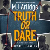 Boekcover met de titel "Truth or Dare" door M.J. Arlidge, met vier zwart-witfoto's van mensen en rode touwtjes die ze verbinden.