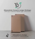 Twee kartonnen dozen voor de badkamerkast, aangegeven als klimaatneutrale verzending en eenvoudige montage.