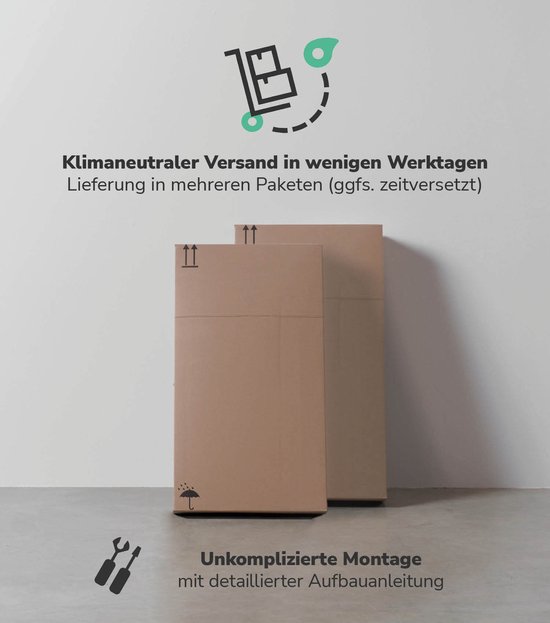 Twee kartonnen dozen voor de badkamerkast, aangegeven als klimaatneutrale verzending en eenvoudige montage.