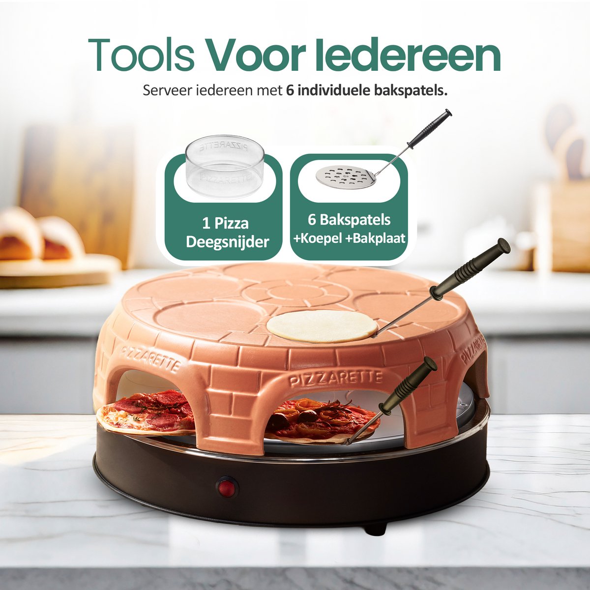 Emerio Pizzarette Origineel - 6 Persoons Pizza Oven - Handgemaakte Terracotta Koepel - 6 Geïsoleerde Bakspatels - RVS Bakplaat - Gourmetstel - PO-115848.1 1500W – foto 5