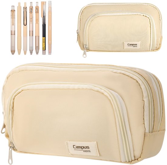 Foto: Yamitora grote esthetische etui met 7 pack gelpennen multifunctionele etui etui esthetische schrijfwaren organizer beige 