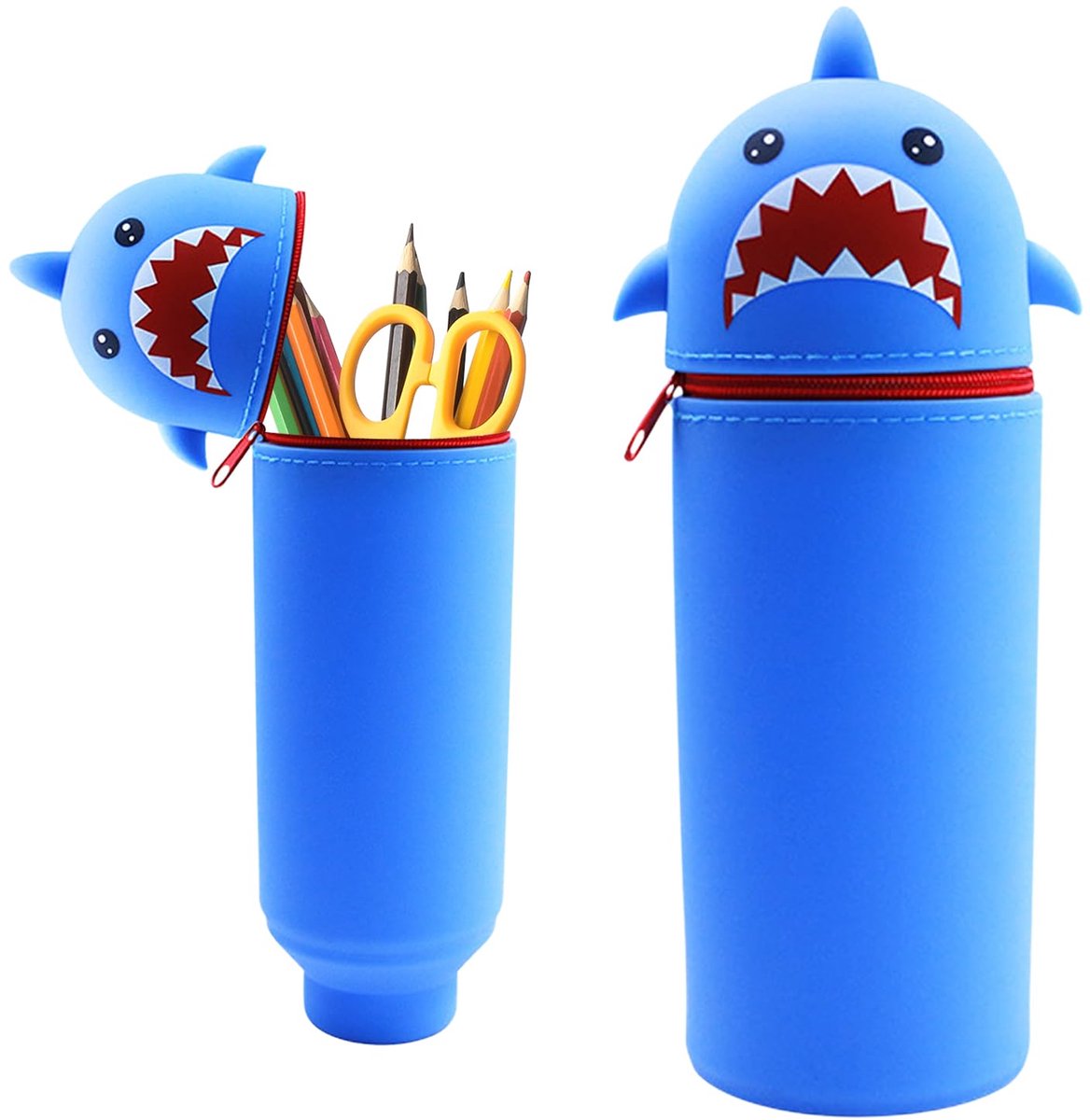 Kawaii Etui - 2-in-1 Stand-Up Pennenzak van Zacht Siliconen - Dieren Design voor Kinderen - Blauwe Haai