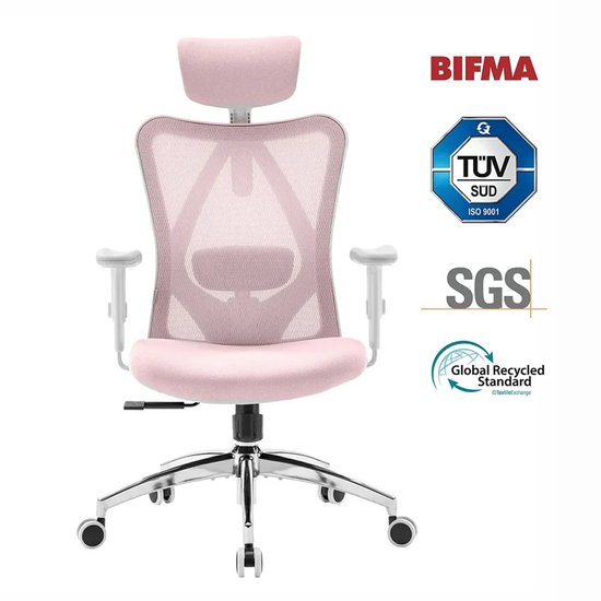 SIHOO M18 Ergonomische Bureaustoel-4-Punts Ondersteuning (Hoofd/Rug/Heup/Handen)-Ademend Mesh Design-Verstelbare Hoofdsteun & Lendensteun-Geschikt voor 1.68m-1.88m-Tot 150kg Draagvermogen-BIFMA Gecertificeerd-Ideaal voor Kantoor/Thuis/Gaming——Roze