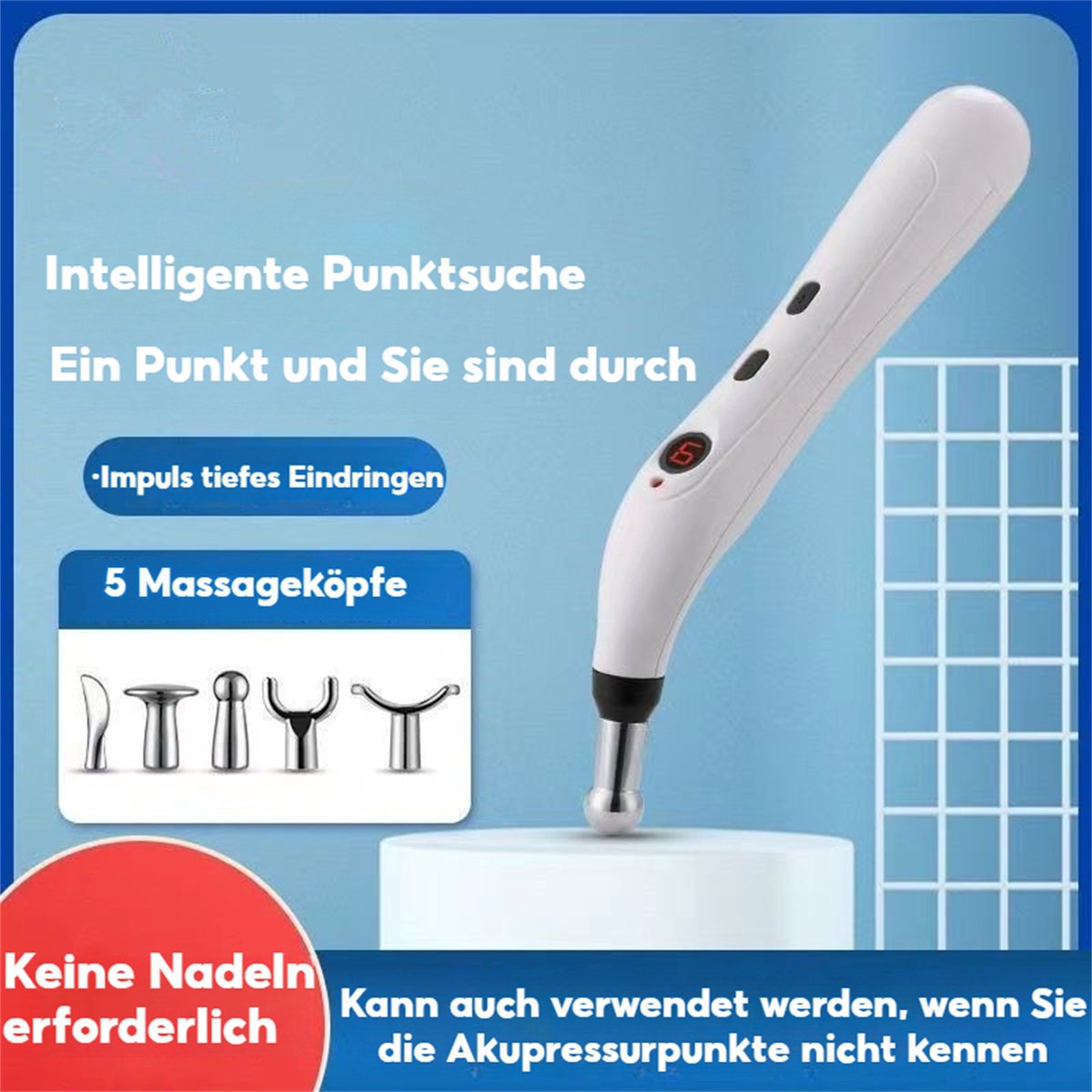 Afbeelding 2 van CHIWIN Acupunctuur Massagepen met 5 Opzetstukken - 9 Standen Elektrische Acupunctuurpen met LED Display - Pulsmassage voor Nek, Armen en Onderrug - Zonder Naalden - Draadloze Meridianen Stimulator