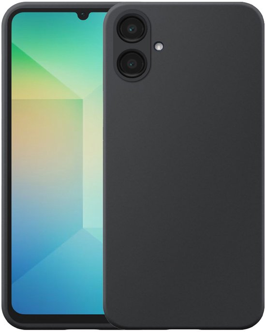 Zwart flexibel siliconen TPU hoesje naast een Samsung Galaxy A06 met gebogen scherm.