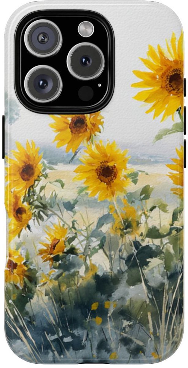 Gele Zonnebloemen in Pastelkleurig Landschap – Telefoonhoesje Geschikt voor iPhone 16 Pro