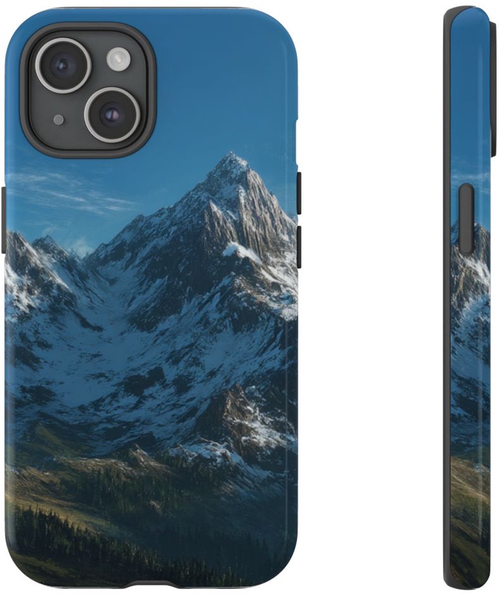 Berglandschap met Besneeuwde Toppen – Telefoonhoesje Geschikt voor iPhone 15