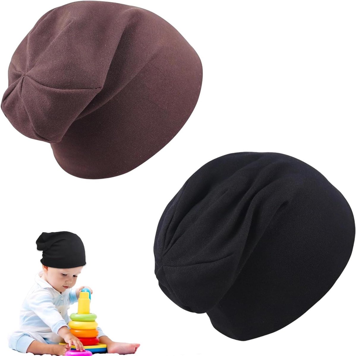 Allecto plus - Kinderbeanie Warm Gebreid Zacht Katoen Acryl 2 Stuks Zwart Bruin - Geschikt voor Kinderen in Lente, Herfst en Winter