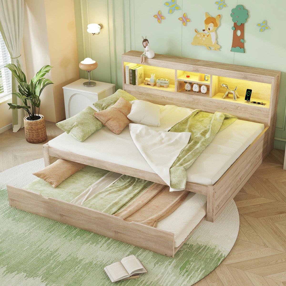 Merax Slaapbank 140x200cm met LED-verlichting - opbergvak naast het bed - uitschuifbaar bed - USB-aansluiting - geen matras - naturel Houtkleur