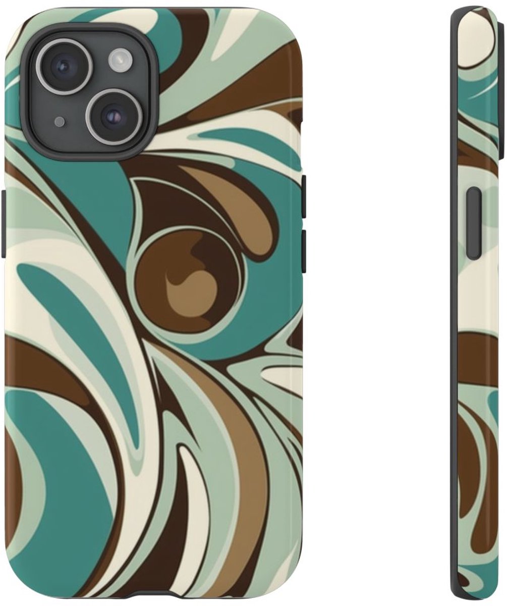 Abstracte Swirl in Teal en Bruin – Telefoonhoesje Geschikt voor iPhone 15