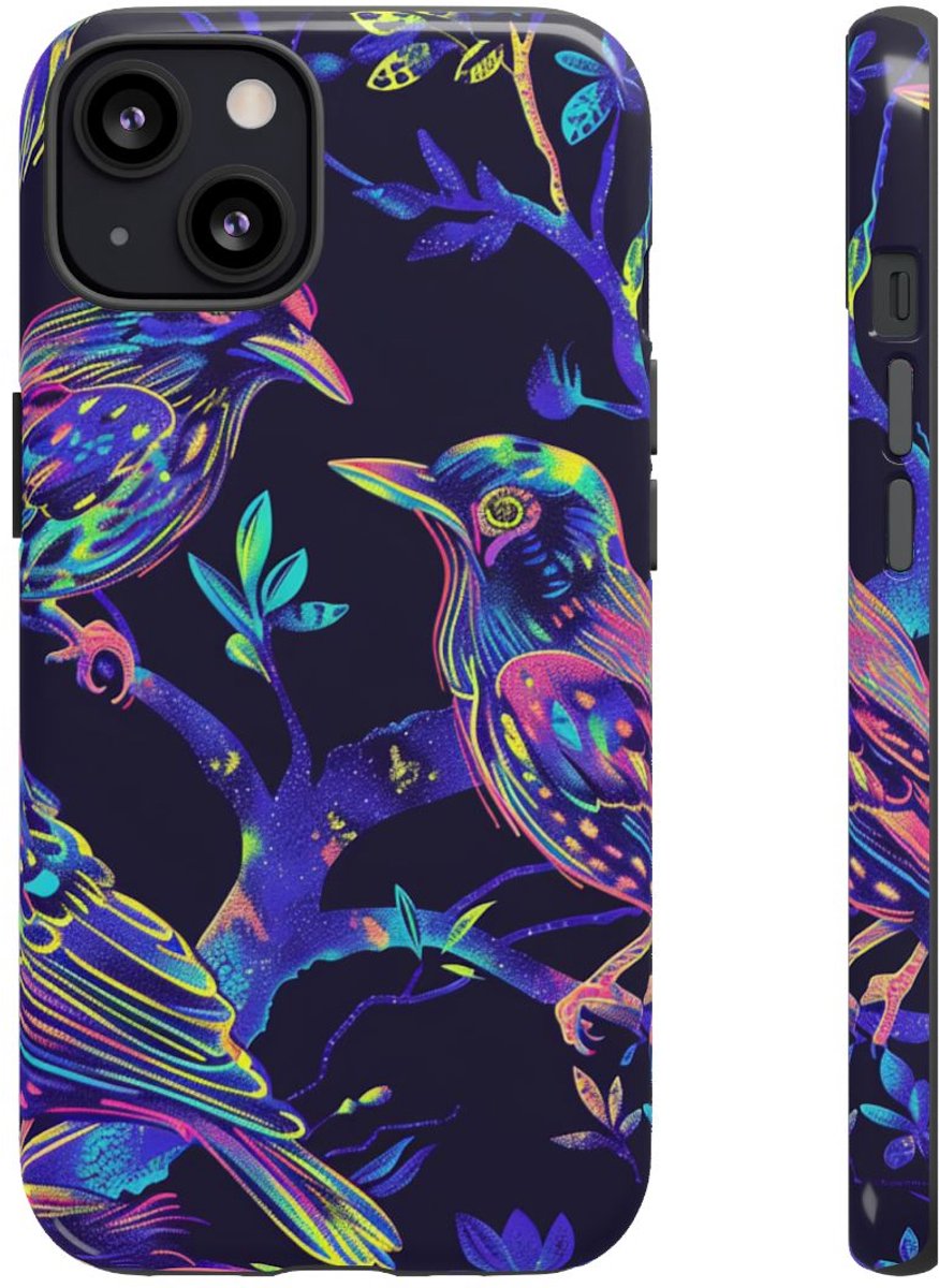Neonkleurige Vogels op Takken – Telefoonhoesje Geschikt voor iPhone 13