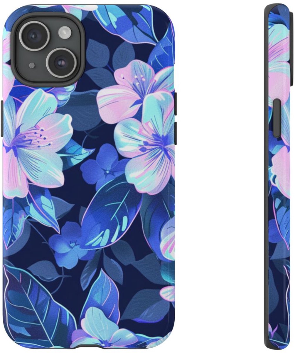 Blauw-Roze Bloemenpatroon – Telefoonhoesje Geschikt voor iPhone 15 Plus