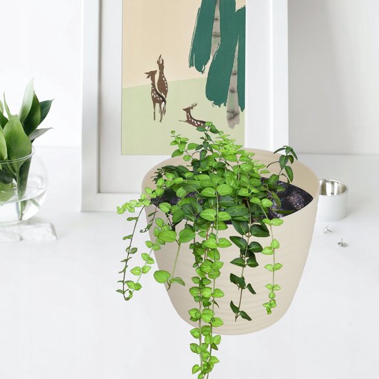 KADAX Bloempot, bloempot met onderzetter, plantenpot voor binnen en buiten, houtlook, weerbestendige sierpot van kunststof, bloempot voor bloemen, tuin, balkon, 42 cm, terracotta